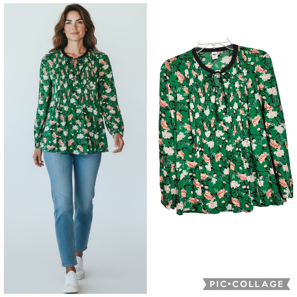 Old Navy Green Floral Pintuck Tie Neck Long‎ Sleeve Blouse Top Women's XS (3120)